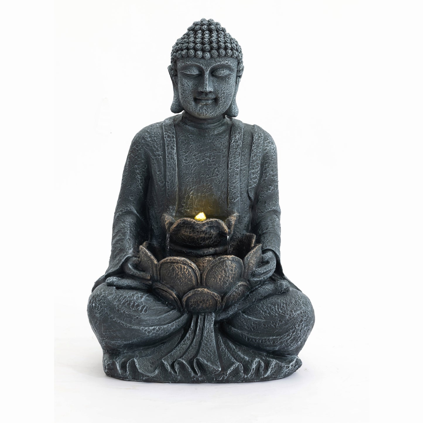 Zen-Style 2-Tier Meditating Buddha Water Fountain with Pump & LED Light, Outdoor Waterfall & Buddha Statue for Garden, Patio & Backyard, 28' Height