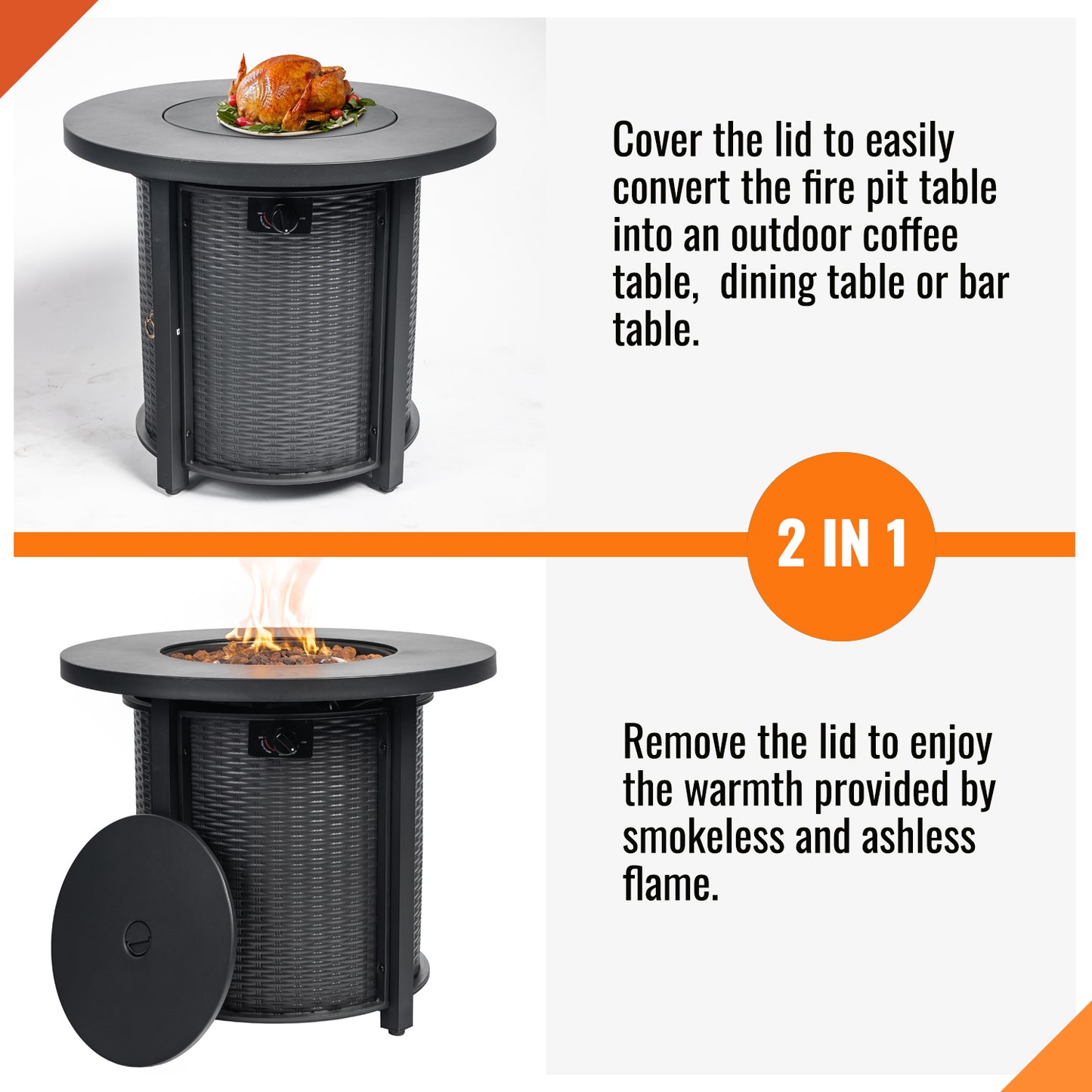 AJ Enjoy 30'' Round Wicker Propane/Natural Gas Fire Pit Table, 2 Colors