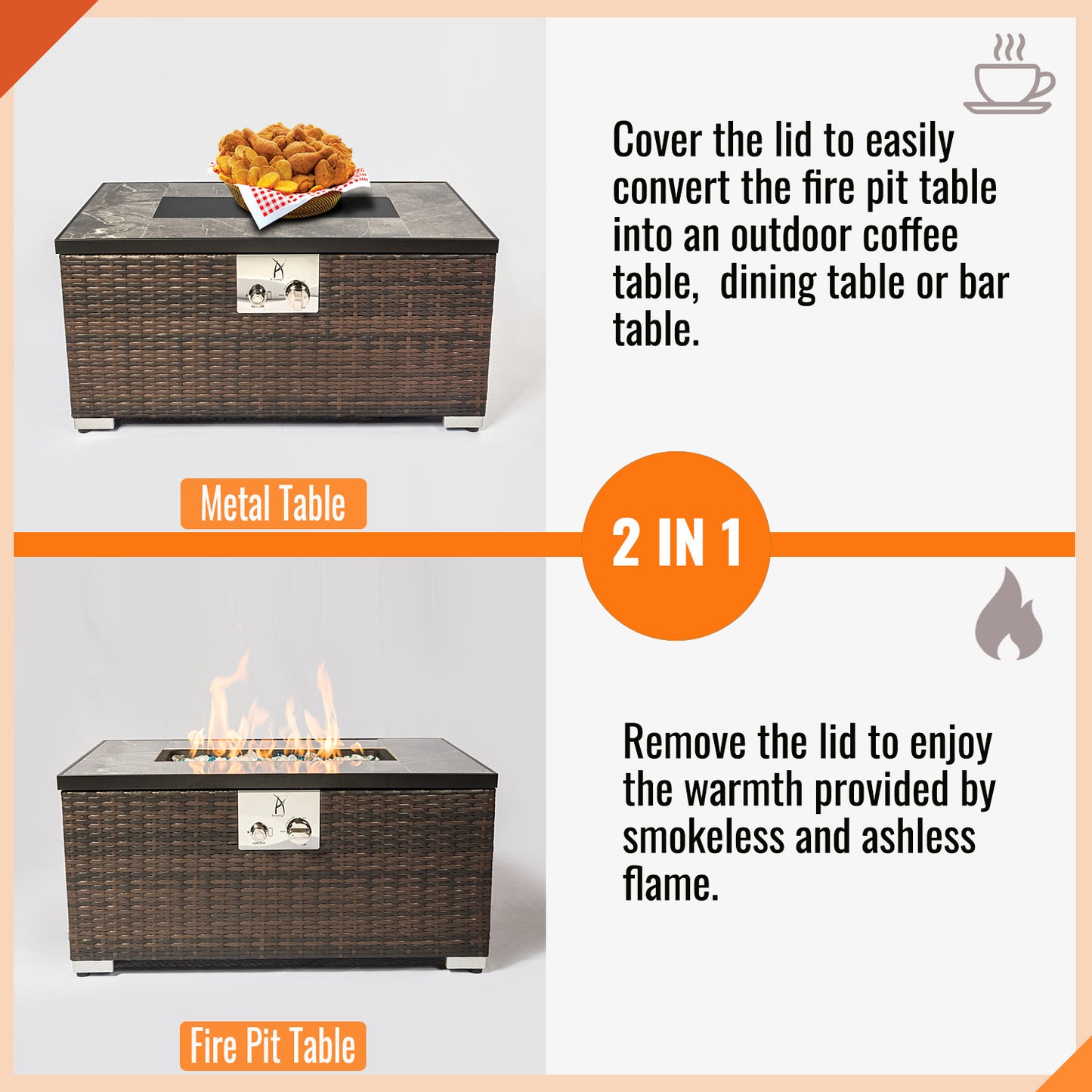 AJ Enjoy 32'' Rectangular Wicker Propane/Natural Gas Fire Pit Table, 3 Colors
