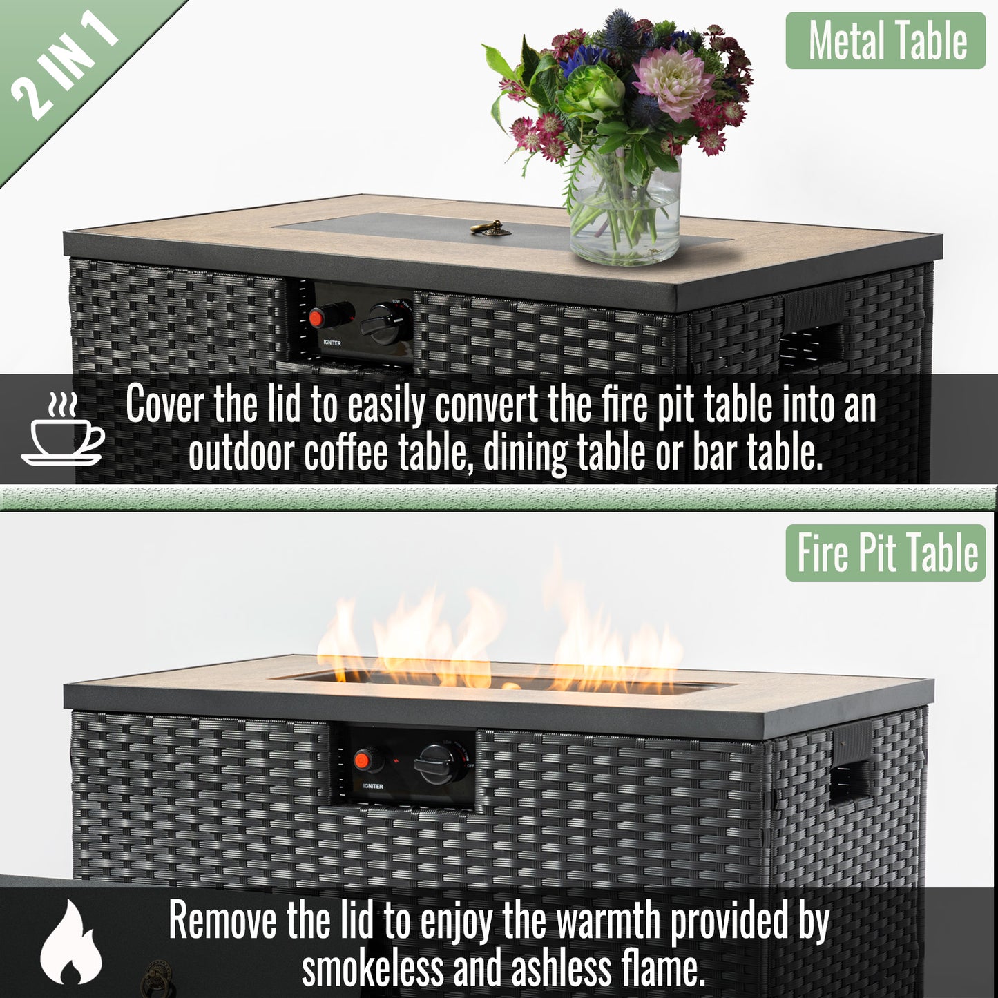 AJ Enjoy 32'' 2-Piece Rectangular Wicker Propane/Natural Gas Fire Pit Table Set, 3 Colors