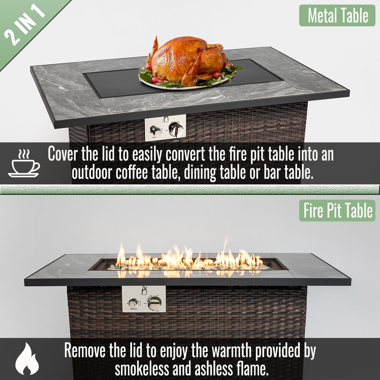 AJ Enjoy 44'' Rectangular Wicker Propane/Natural Gas Fire Pit Table with Glass Wind Guard