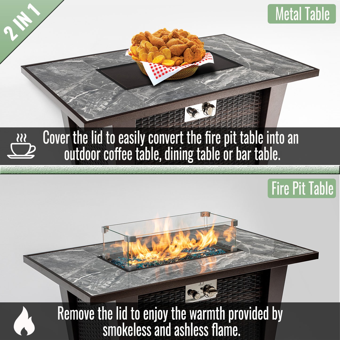 AJ Enjoy 42'' Rectangular Wicker Propane/Natural Gas Fire Pit Table with Glass Wind Guard