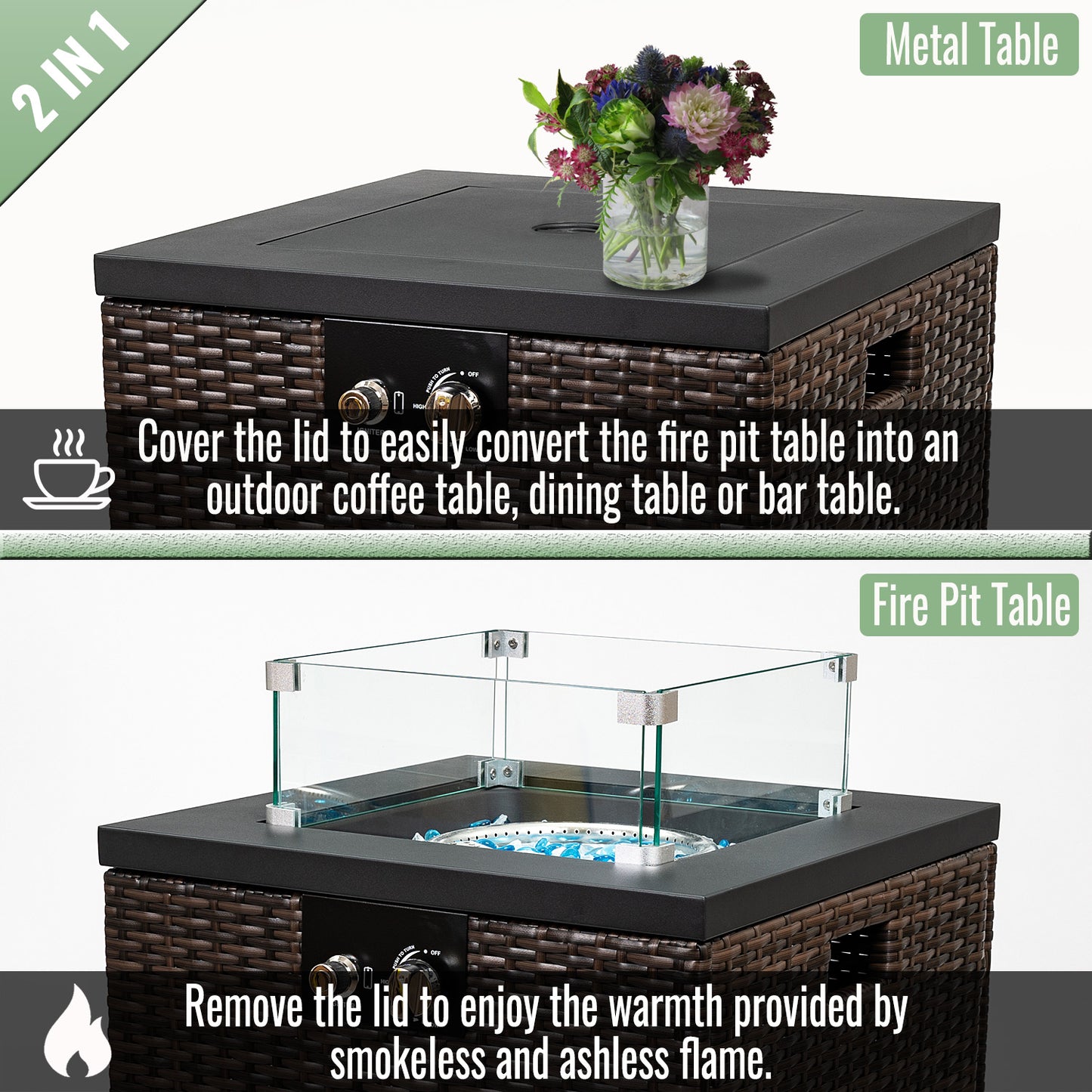 AJ Enjoy 22'' Square Wicker Propane/Natural Gas Fire Pit Table with Glass Wind Guard