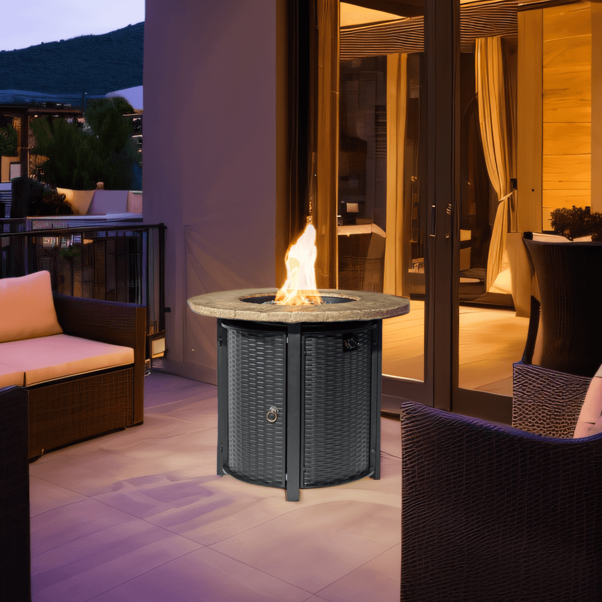 30'' Outdoor Round Wicker Propane Or Natural Gas Fire Pit Table, 50,000 BTU Steel Gas FirePit with Steel Lid, Brown Concrete Color