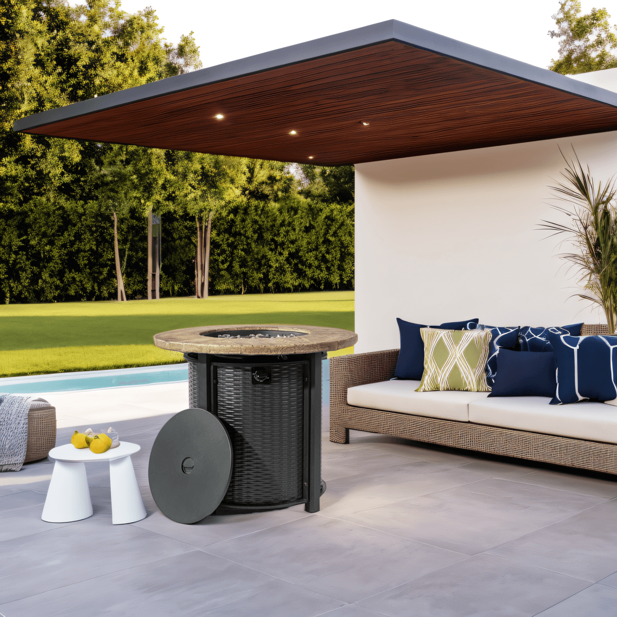 30'' Outdoor Round Wicker Propane Or Natural Gas Fire Pit Table, 50,000 BTU Steel Gas FirePit with Steel Lid, Brown Concrete Color