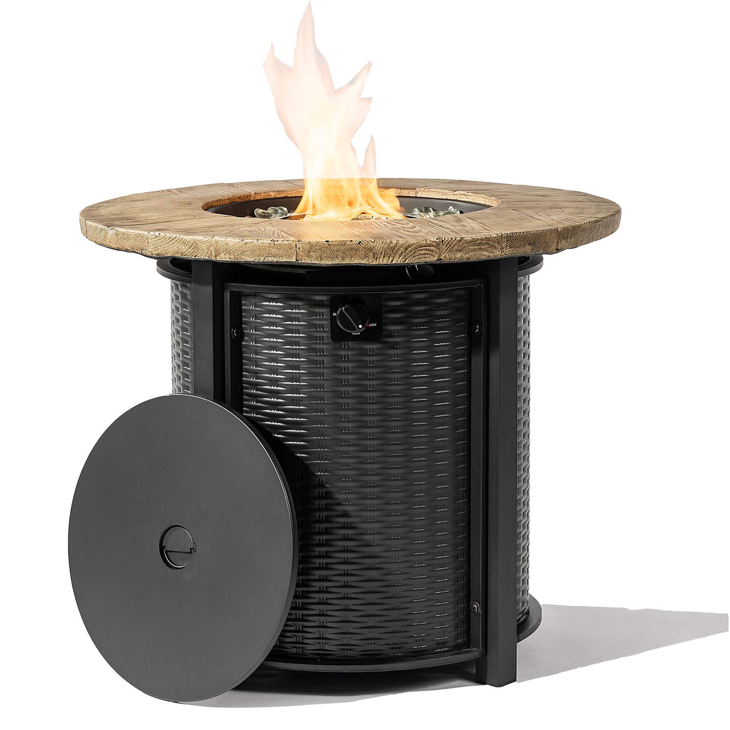 30'' Outdoor Round Wicker Propane Or Natural Gas Fire Pit Table, 50,000 BTU Steel Gas FirePit with Steel Lid, Brown Concrete Color