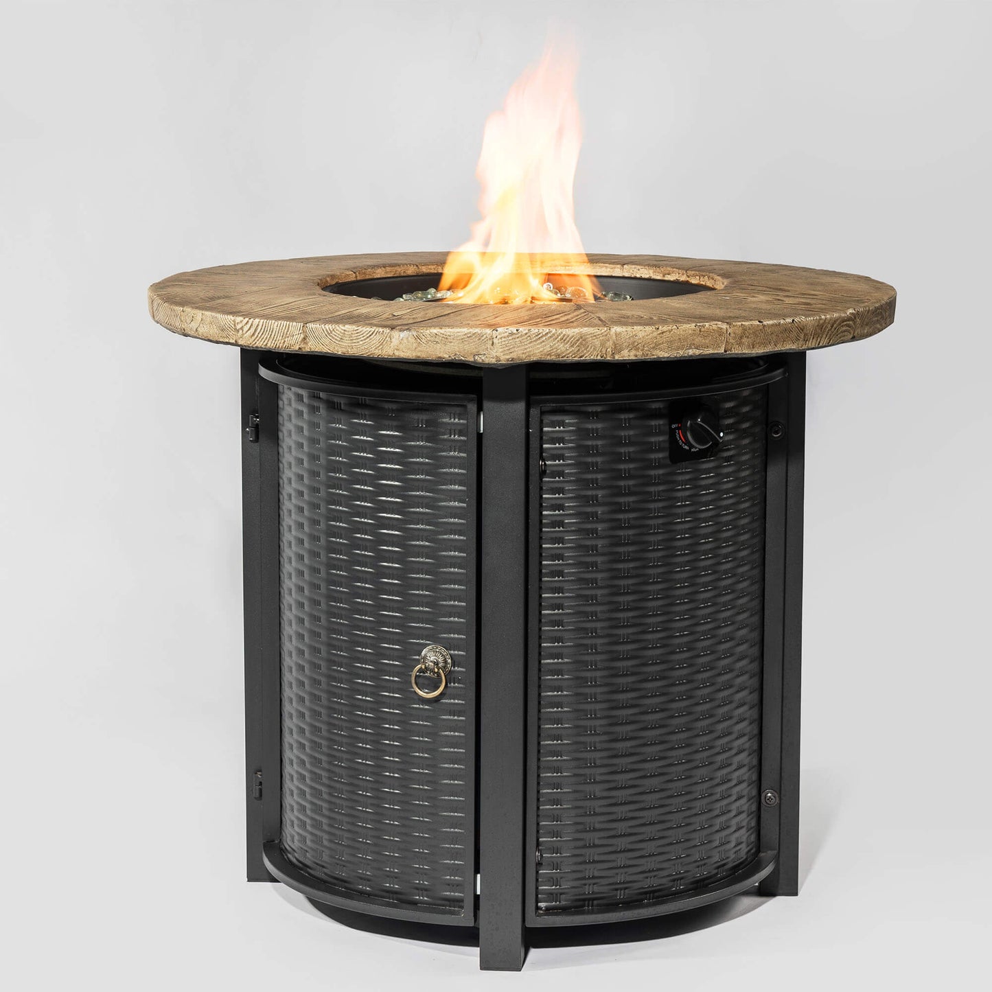 30'' Outdoor Round Wicker Propane Or Natural Gas Fire Pit Table, 50,000 BTU Steel Gas FirePit with Steel Lid, Brown Concrete Color