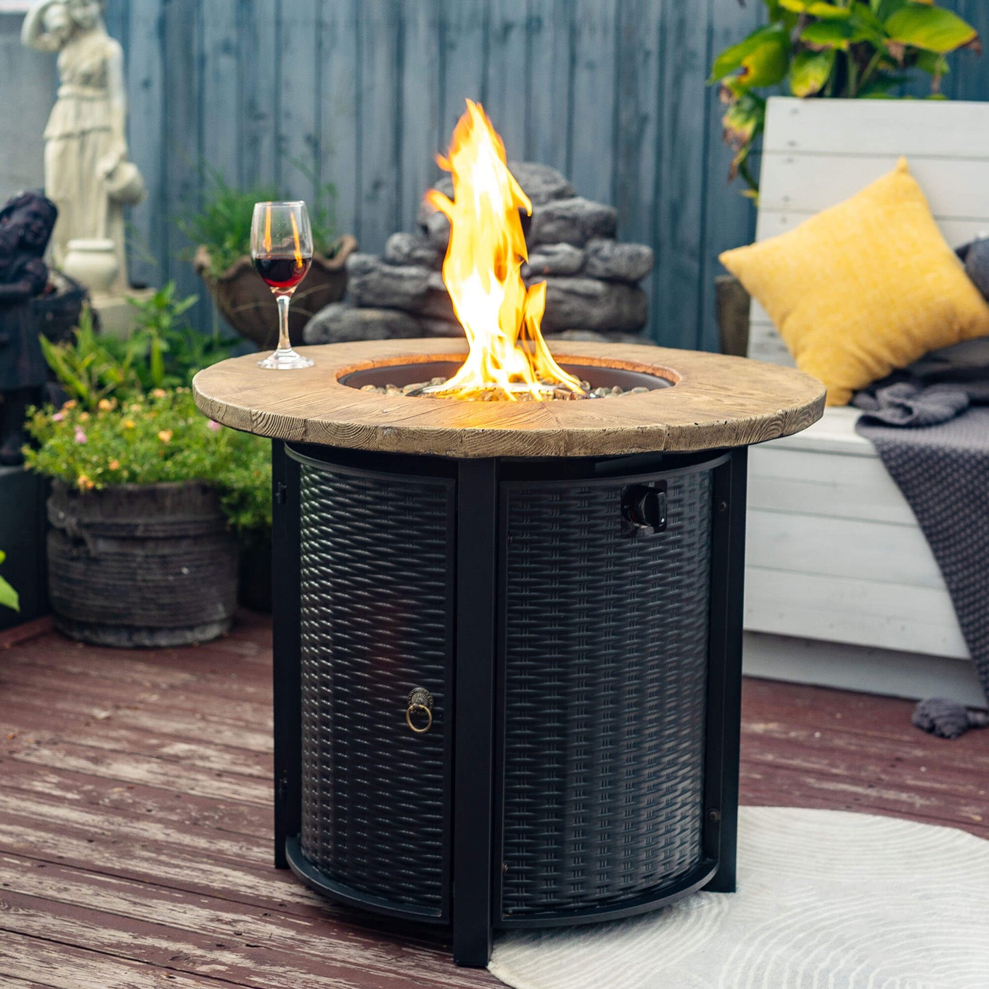 30'' Outdoor Round Wicker Propane Or Natural Gas Fire Pit Table, 50,000 BTU Steel Gas FirePit with Steel Lid, Brown Concrete Color
