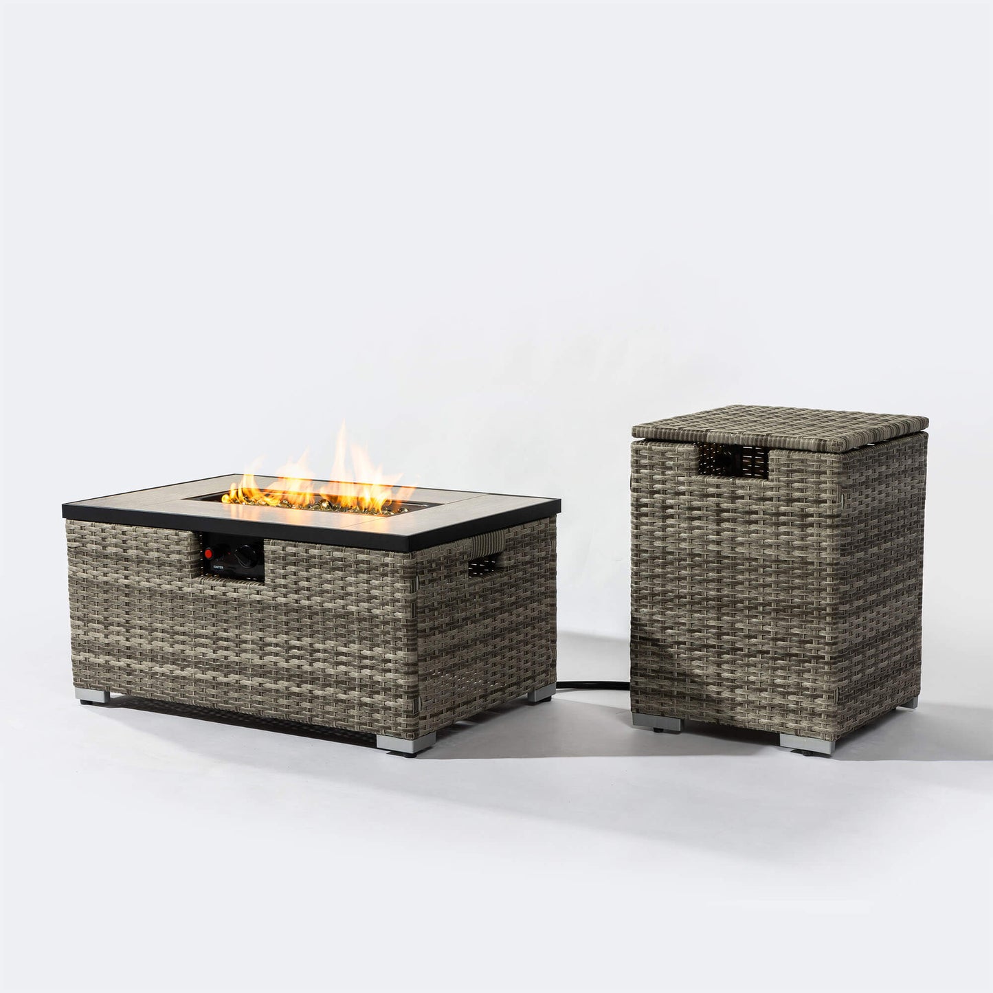 32'' Propane Fire Pit Table, Marble Textured Ceramic Tabletop, 50,000 BTU Fire Table with Gray Wicker, Mix Color Glass Bead, Including Lid&Cover, Rectangle, Grey