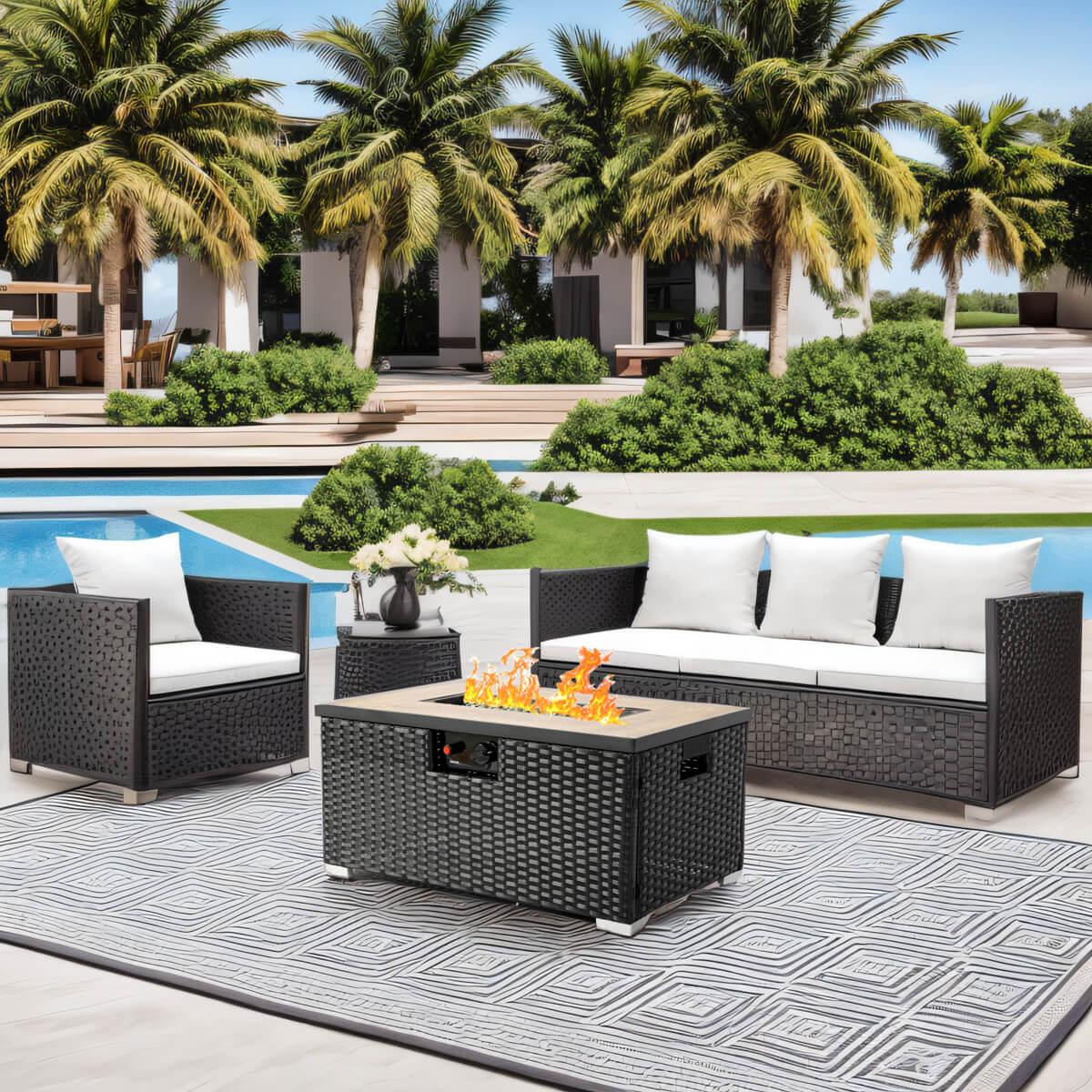 AJ Enjoy 32'' 2-Piece Rectangular Wicker Propane/Natural Gas Fire Pit Table Set, 3 Colors