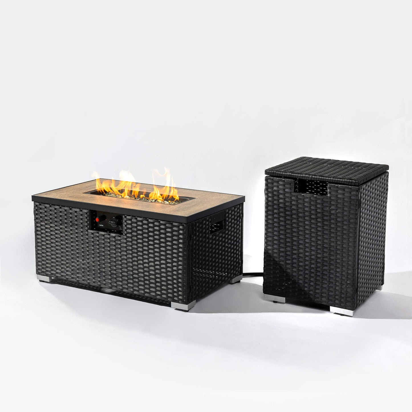 32'' Propane Fire Pit Table, Marble Textured Ceramic Tabletop, 50,000 BTU Fire Table with Black Wicker, Mix Color Glass Bead, Including Lid&Cover, Rectangle, Black