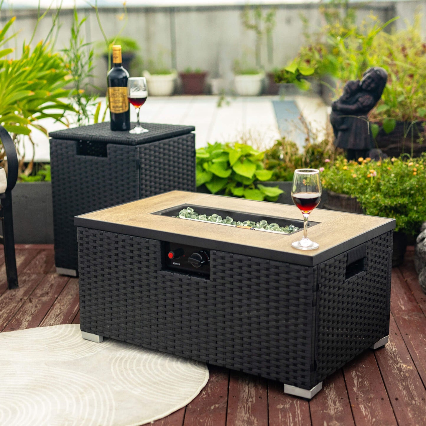 32'' Propane Fire Pit Table, Marble Textured Ceramic Tabletop, 50,000 BTU Fire Table with Black Wicker, Mix Color Glass Bead, Including Lid&Cover, Rectangle, Black
