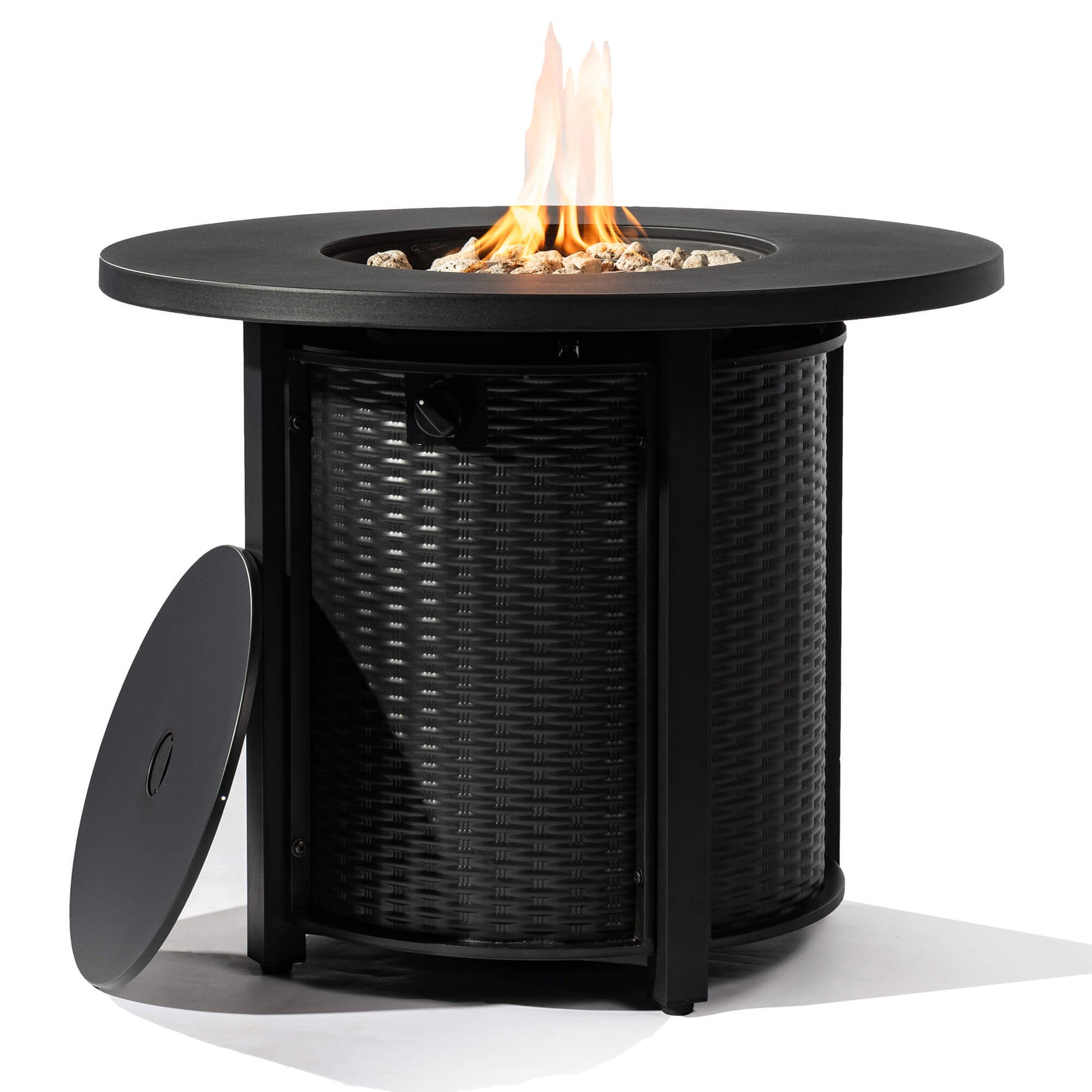 32 Inch Outdoor Round Wicker Propane/Natural Gas Fire Pit Table, 50,000 BTU Steel Gas FirePit with Steel Lid