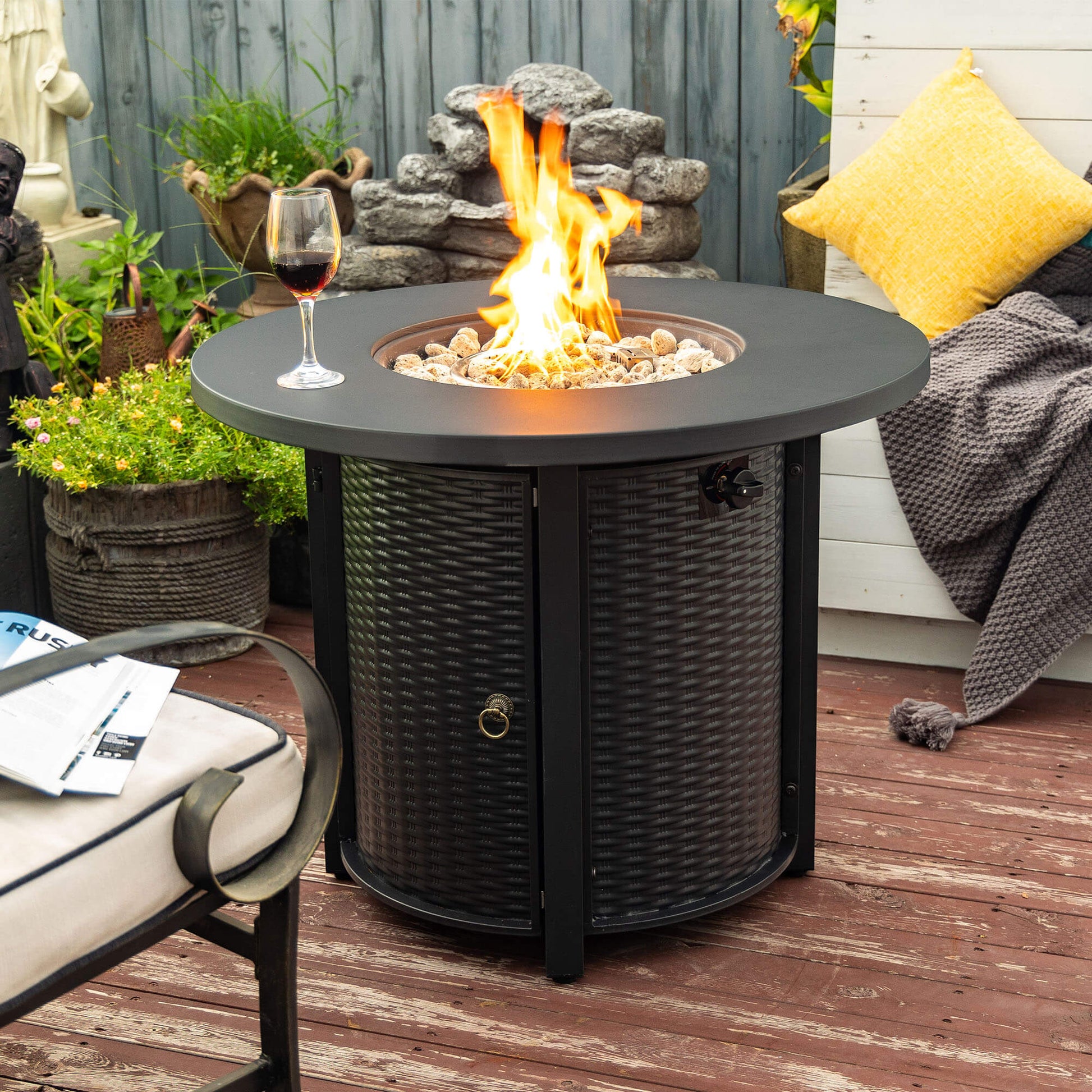 32 Inch Outdoor Round Wicker Propane/Natural Gas Fire Pit Table, 50,000 BTU Steel Gas FirePit with Steel Lid