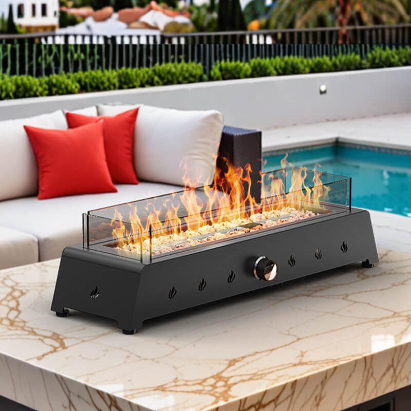 28'' Rectangular Propane Gas Tabletop Fire Pit with Glass Wind