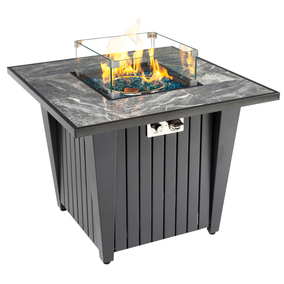 32'' Propane Fire Pit Table, Marble Tile Ceramic Tabletop with Glass Wind Guard, 50,000 BTU, Grey