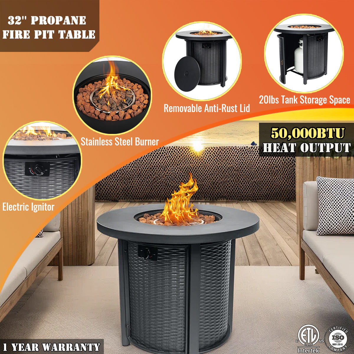 AJ Enjoy 32'' Round Wicker Propane/Natural Gas Fire Pit Table, Black