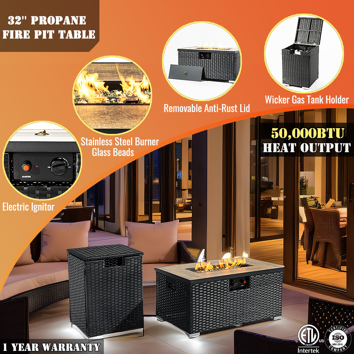 AJ Enjoy 32'' 2-Piece Rectangular Wicker Propane/Natural Gas Fire Pit Table Set, 3 Colors