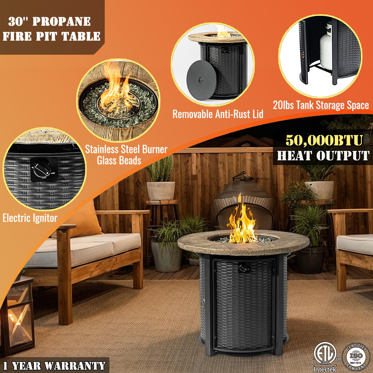 AJ Enjoy 30'' Round Wicker Propane/Natural Gas Fire Pit Table, 2 Colors