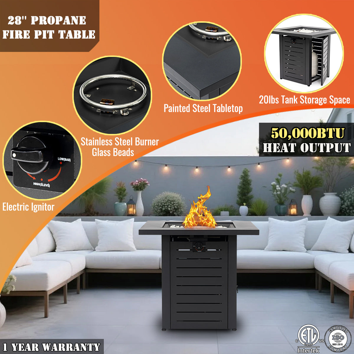 AJ Enjoy 28'' Square Propane/Natural Gas Fire Pit Table, Black