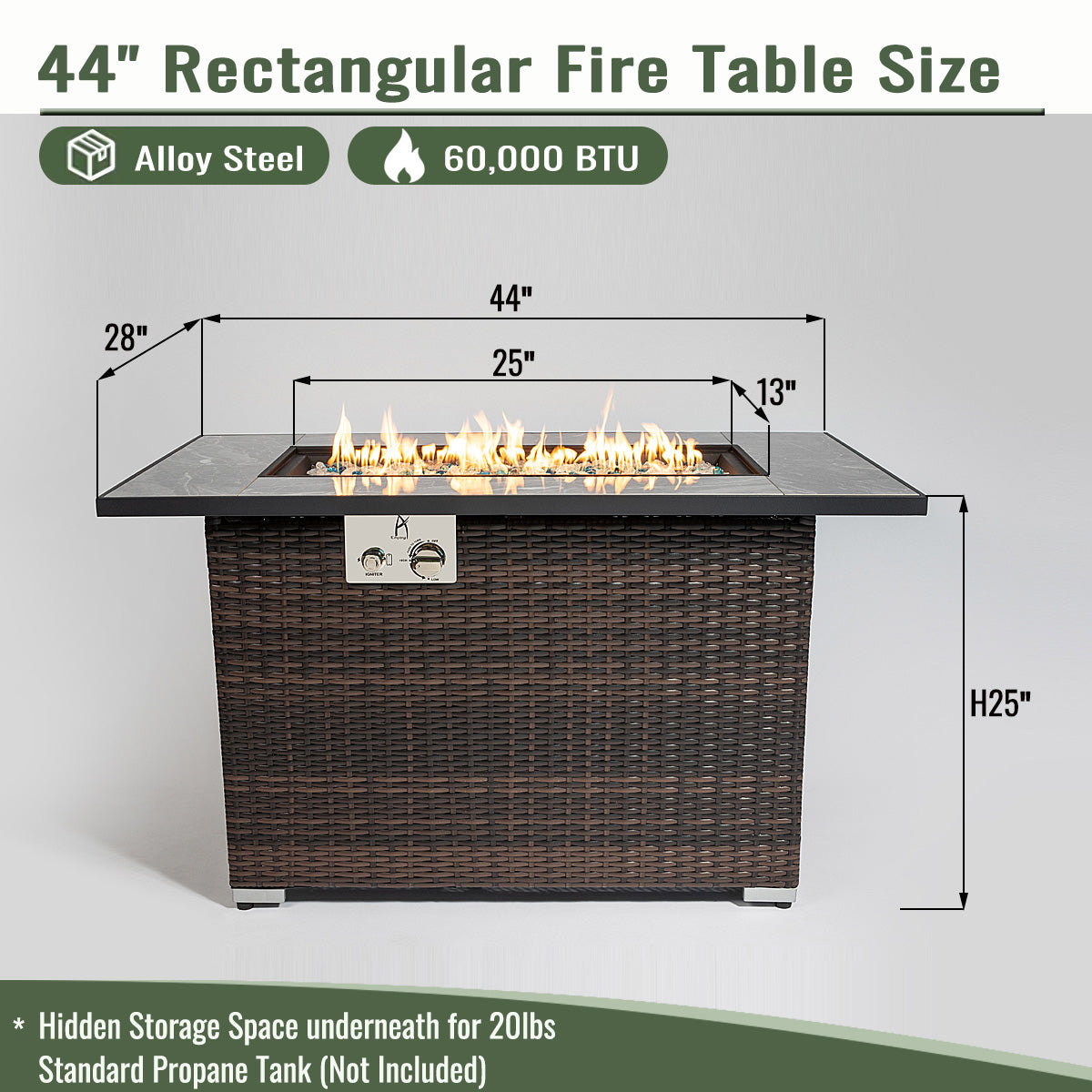 AJ Enjoy 44'' Rectangular Wicker Propane/Natural Gas Fire Pit Table with Glass Wind Guard