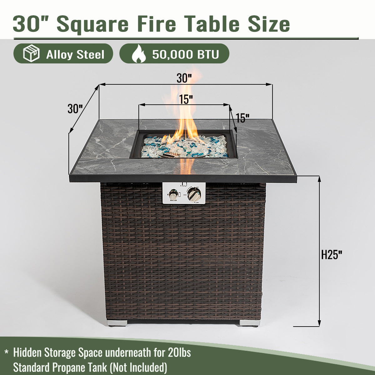 AJ Enjoy 30'' Square Wicker Propane/Natural Gas Fire Pit Table