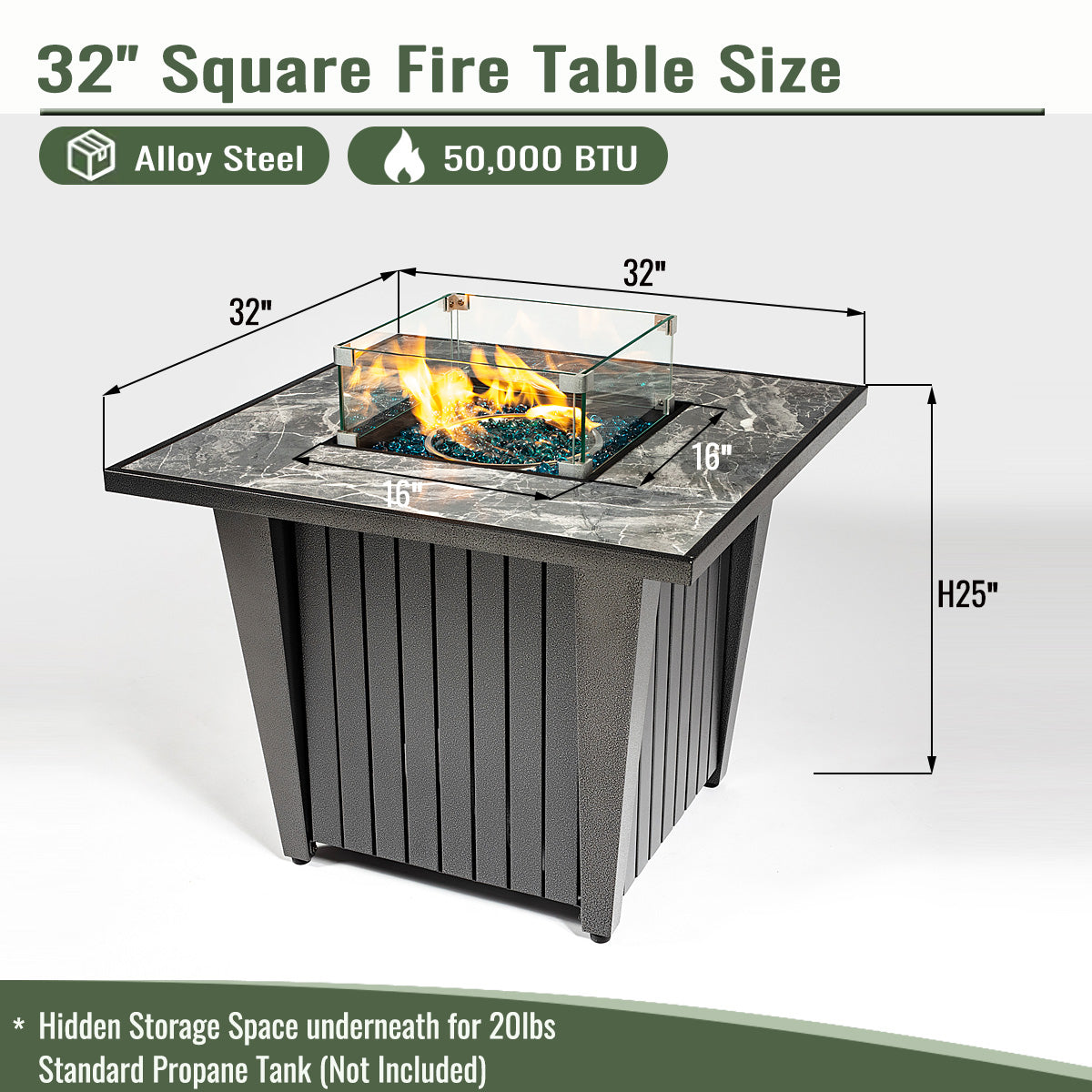 AJ Enjoy 32'' Square Propane/Natural Gas Fire Pit Table with Glass Wind Guard
