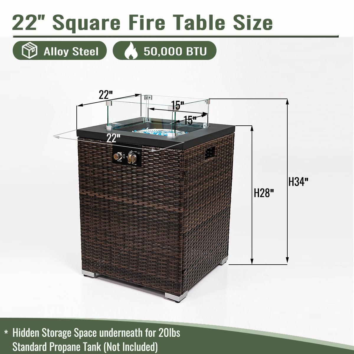 AJ Enjoy 22'' Square Wicker Propane/Natural Gas Fire Pit Table with Glass Wind Guard