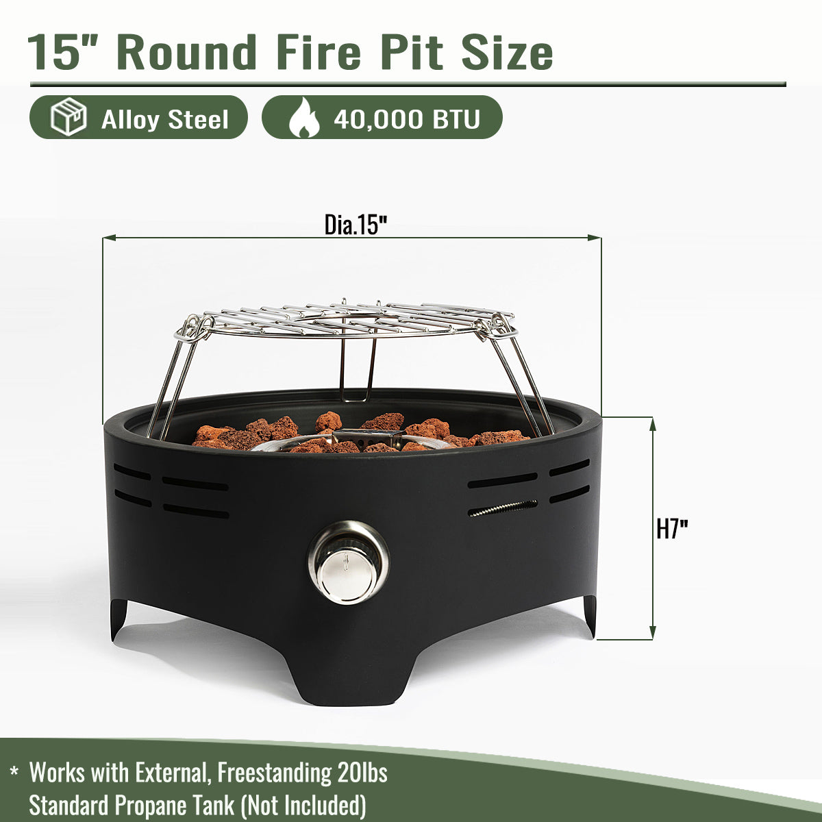 AJ Enjoy 15'' Round Propane Gas Camping Fire Pit