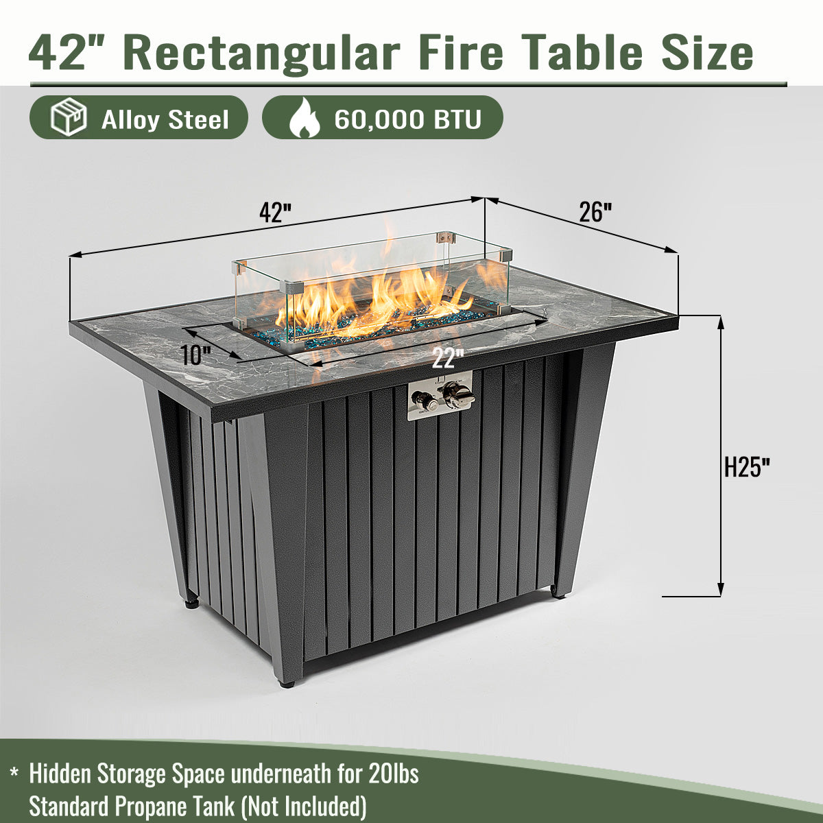 AJ Enjoy 42'' Rectangular Propane/Natural Gas Fire Pit Table with Glass Wind Guard