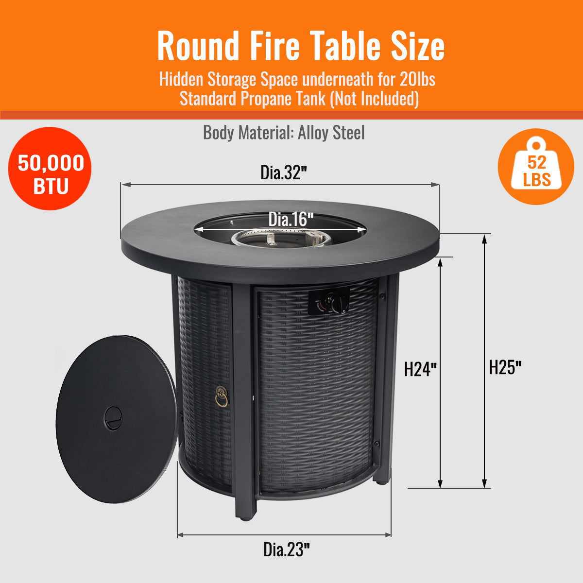 AJ Enjoy 32'' Round Wicker Propane/Natural Gas Fire Pit Table, Black