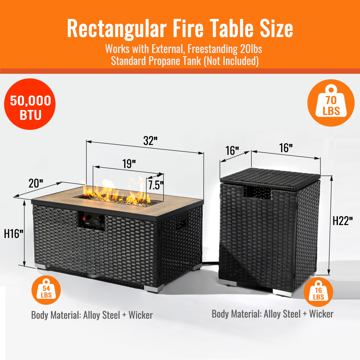 AJ Enjoy 32'' 2-Piece Rectangular Wicker Propane/Natural Gas Fire Pit Table Set, 3 Colors