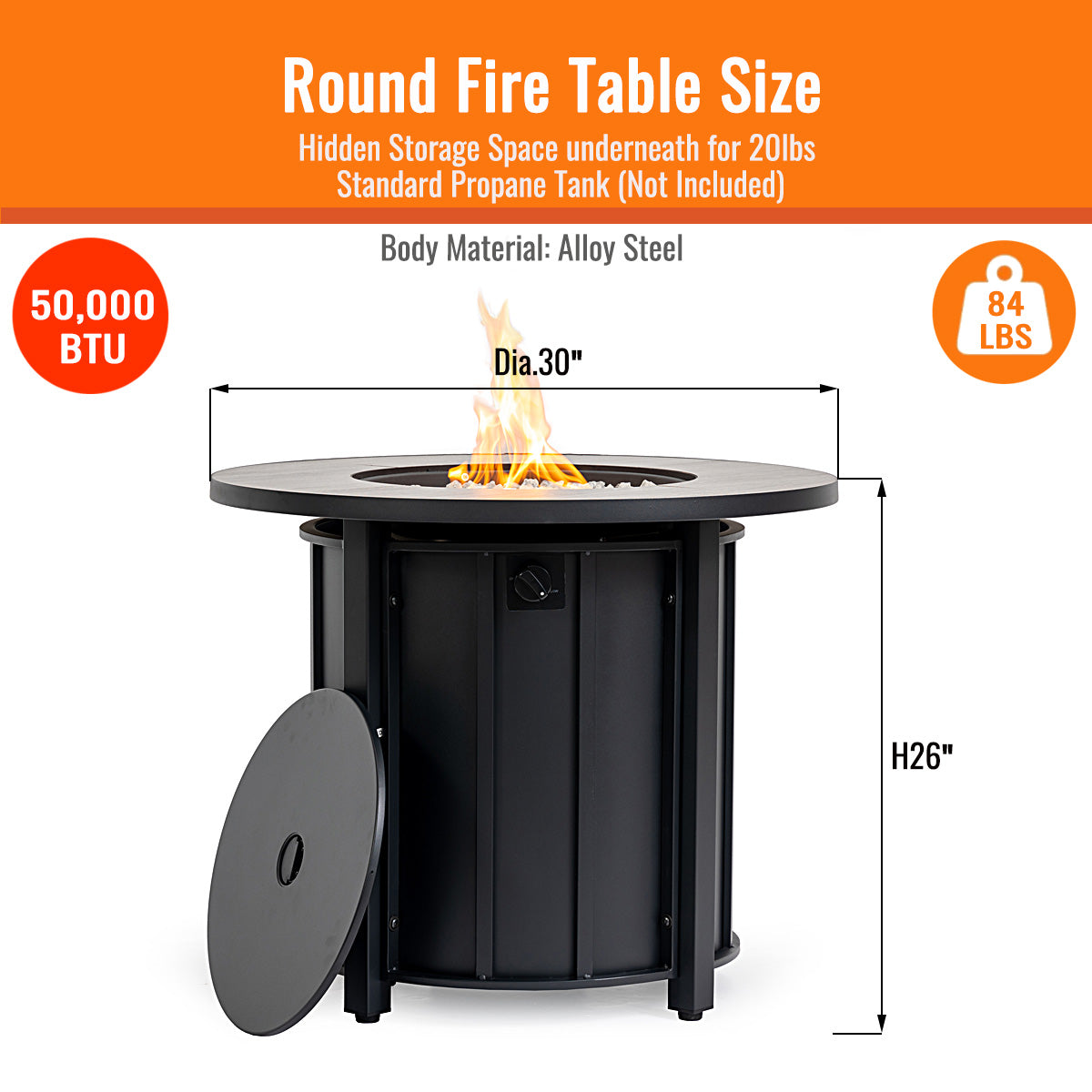 AJ Enjoy 30'' Round Propane/Natural Gas Fire Pit Table, Black