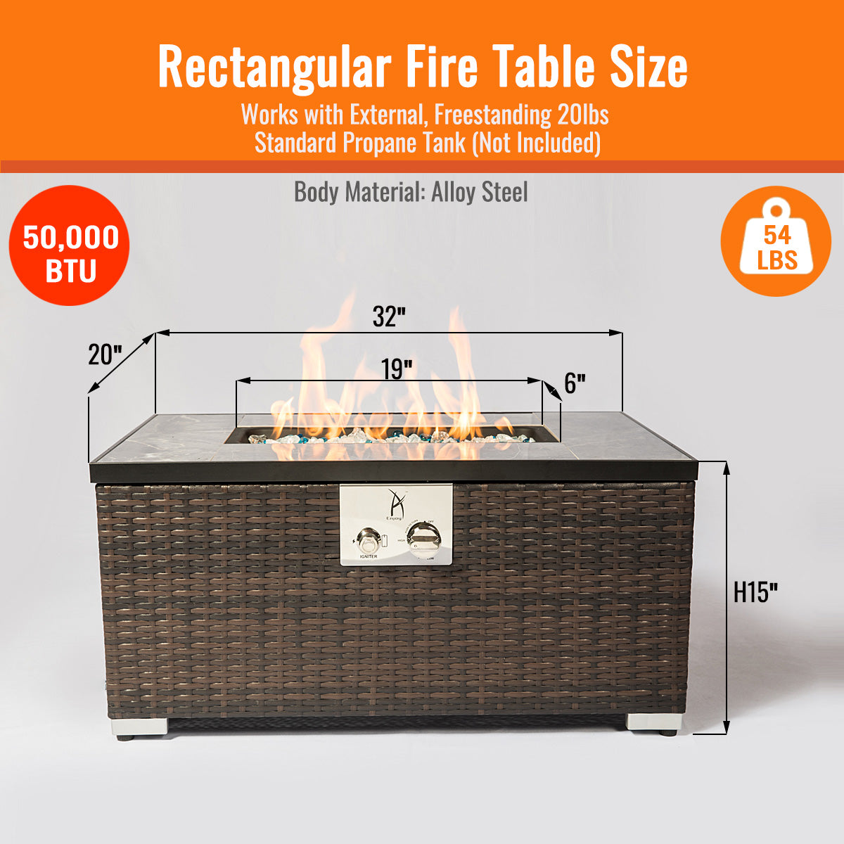 AJ Enjoy 32'' Rectangular Wicker Propane/Natural Gas Fire Pit Table, 3 Colors