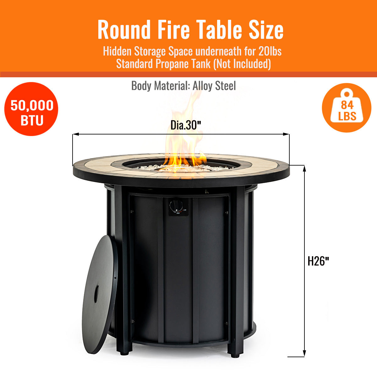 AJ Enjoy 30'' Round Propane/Natural Gas Fire Pit Table, Black