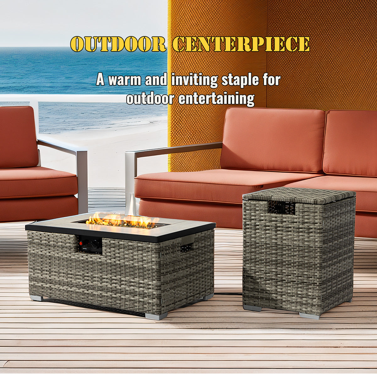 AJ Enjoy 32'' Rectangular Wicker Propane/Natural Gas Fire Pit Table, 3 Colors