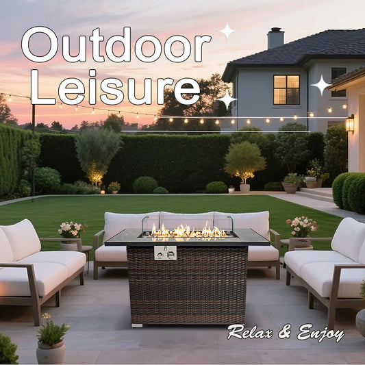 AJ Enjoy 44'' Rectangular Wicker Propane/Natural Gas Fire Pit Table with Glass Wind Guard