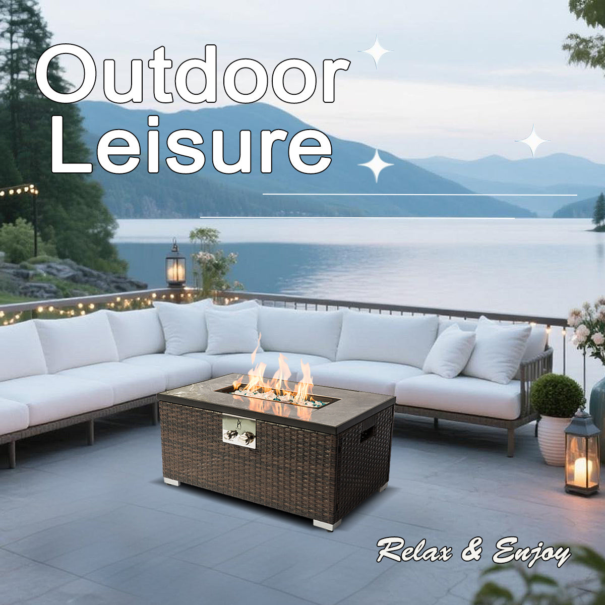 AJ Enjoy 32'' Rectangular Wicker Propane/Natural Gas Fire Pit Table, 3 Colors