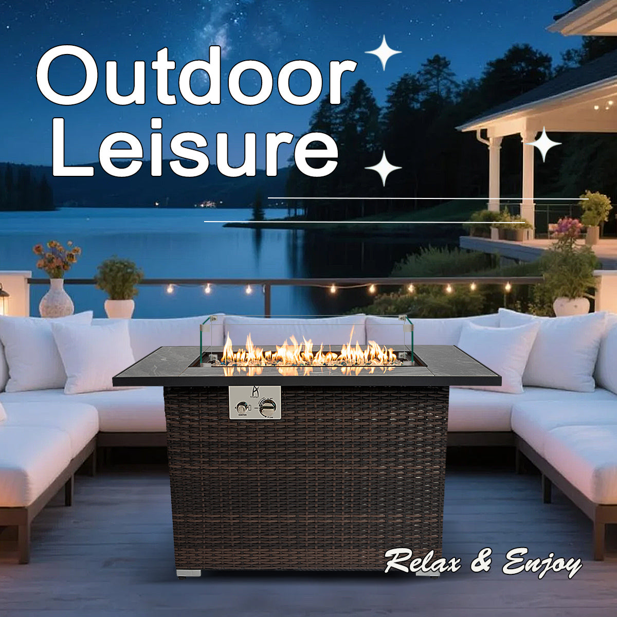 AJ Enjoy 44'' Rectangular Wicker Propane/Natural Gas Fire Pit Table with Glass Wind Guard