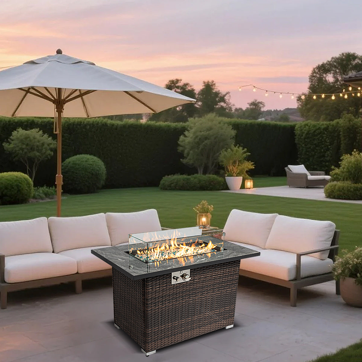 AJ Enjoy 44'' Rectangular Wicker Propane/Natural Gas Fire Pit Table with Glass Wind Guard