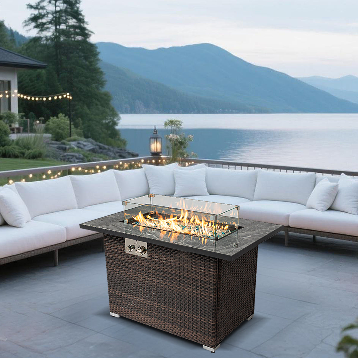 AJ Enjoy 44'' Rectangular Wicker Propane/Natural Gas Fire Pit Table with Glass Wind Guard