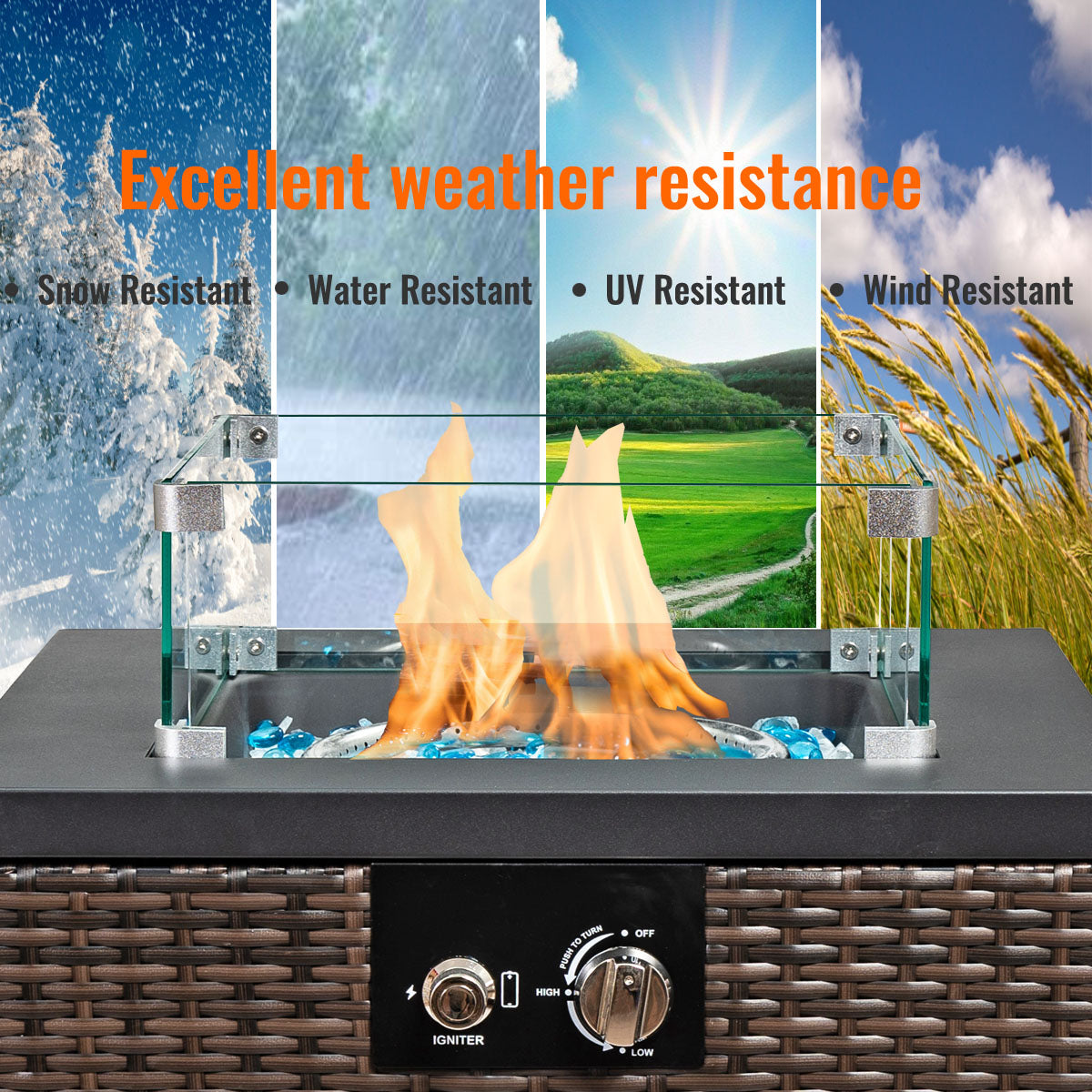22" Outdoor Wicker Propane/Natural Gas Fire Pit Table, 40,000 BTU Auto-Ignition Gas Firepit with Glass Wind Guard