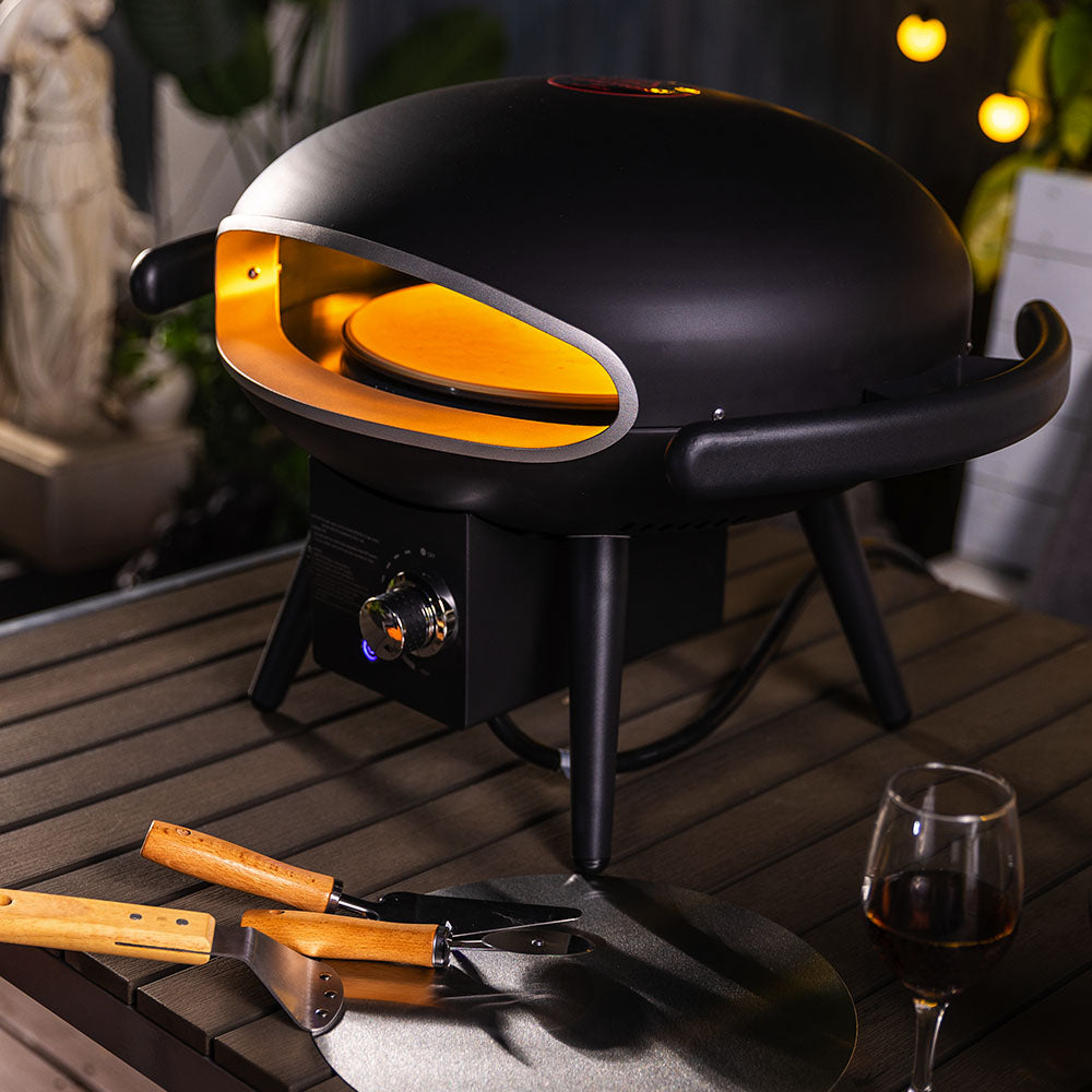 12" Black Warrior Outdoor Gas Pizza Oven with Automatic Rotating Pizza Stone - Portable Propane Pizza Ovens for Outside - Professional Pizza Grilling Stove for Outdoor Kitchen
