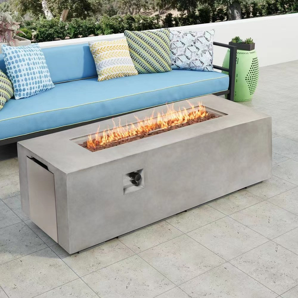 70"W Rectangular Concrete Propane Outdoor Fire Pit Table with Lid, Light Grey