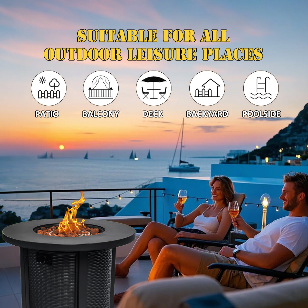 AJ Enjoy 30'' Round Wicker Propane/Natural Gas Fire Pit Table, 2 Colors