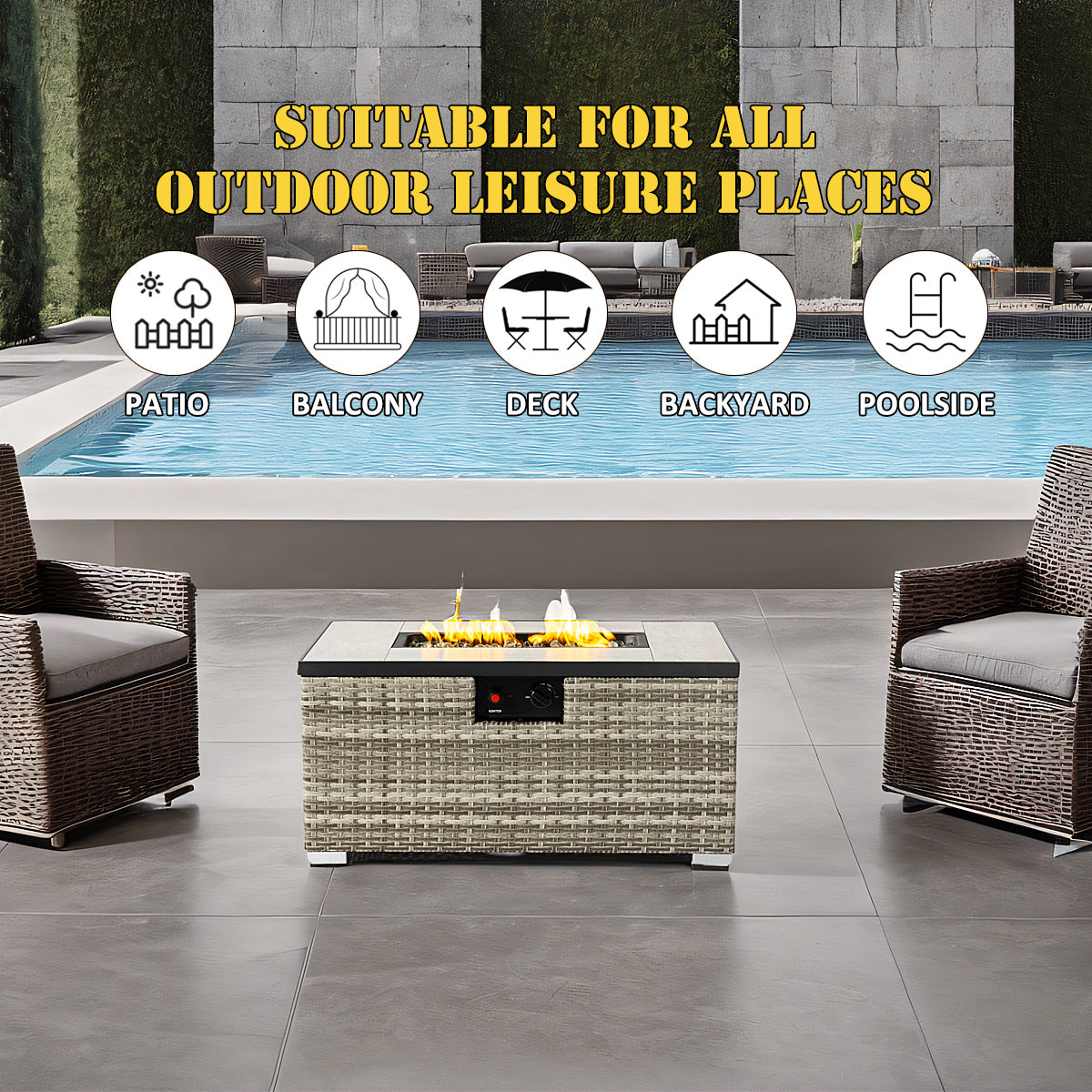 AJ Enjoy 32'' Rectangular Wicker Propane/Natural Gas Fire Pit Table, 3 Colors