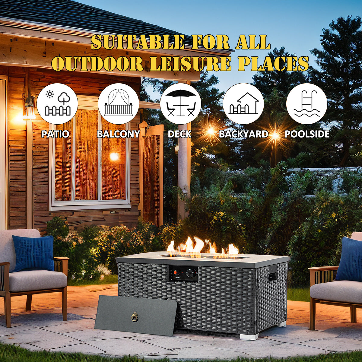 AJ Enjoy 32'' 2-Piece Rectangular Wicker Propane/Natural Gas Fire Pit Table Set, 3 Colors