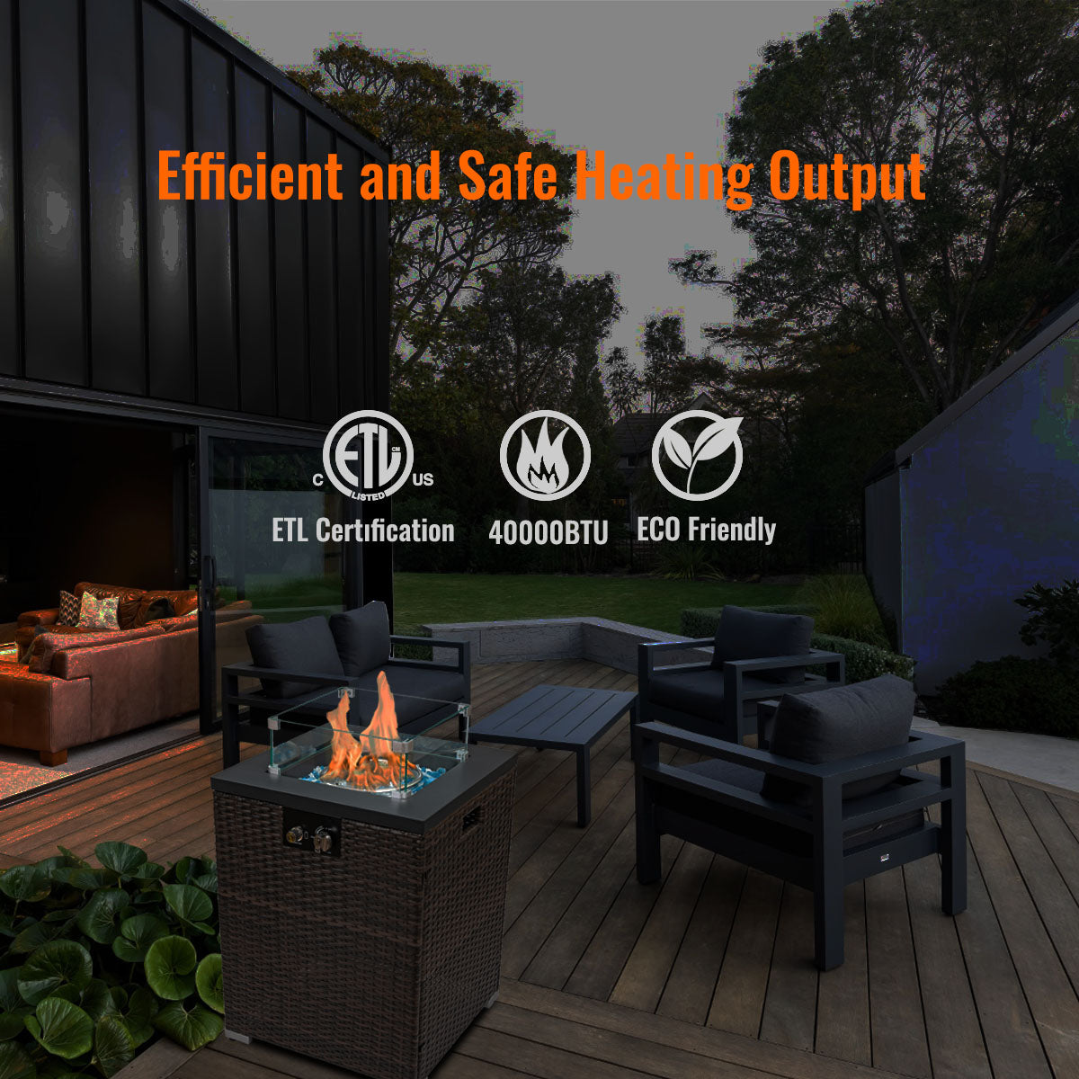 22" Outdoor Wicker Propane/Natural Gas Fire Pit Table, 40,000 BTU Auto-Ignition Gas Firepit with Glass Wind Guard