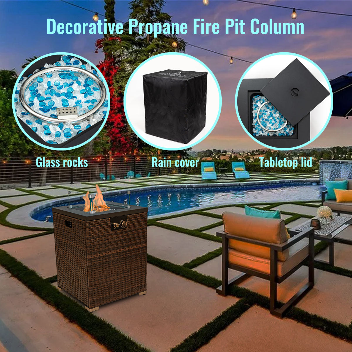 22" Outdoor Wicker Propane/Natural Gas Fire Pit Table, 40,000 BTU Auto-Ignition Gas Firepit with Glass Wind Guard