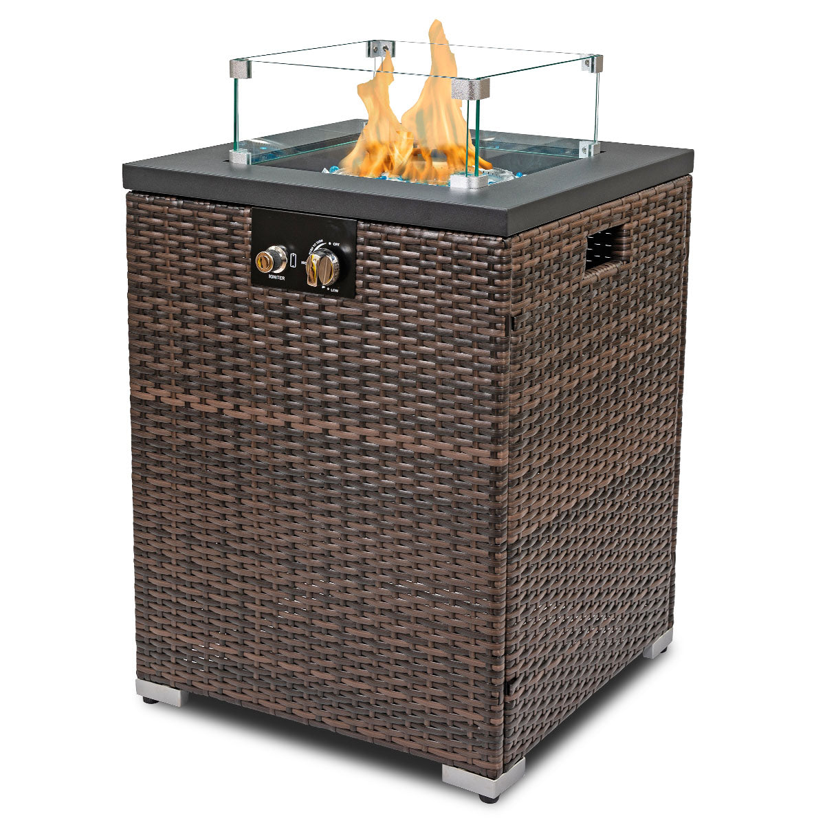 22" Outdoor Wicker Propane/Natural Gas Fire Pit Table, 40,000 BTU Auto-Ignition Gas Firepit with Glass Wind Guard